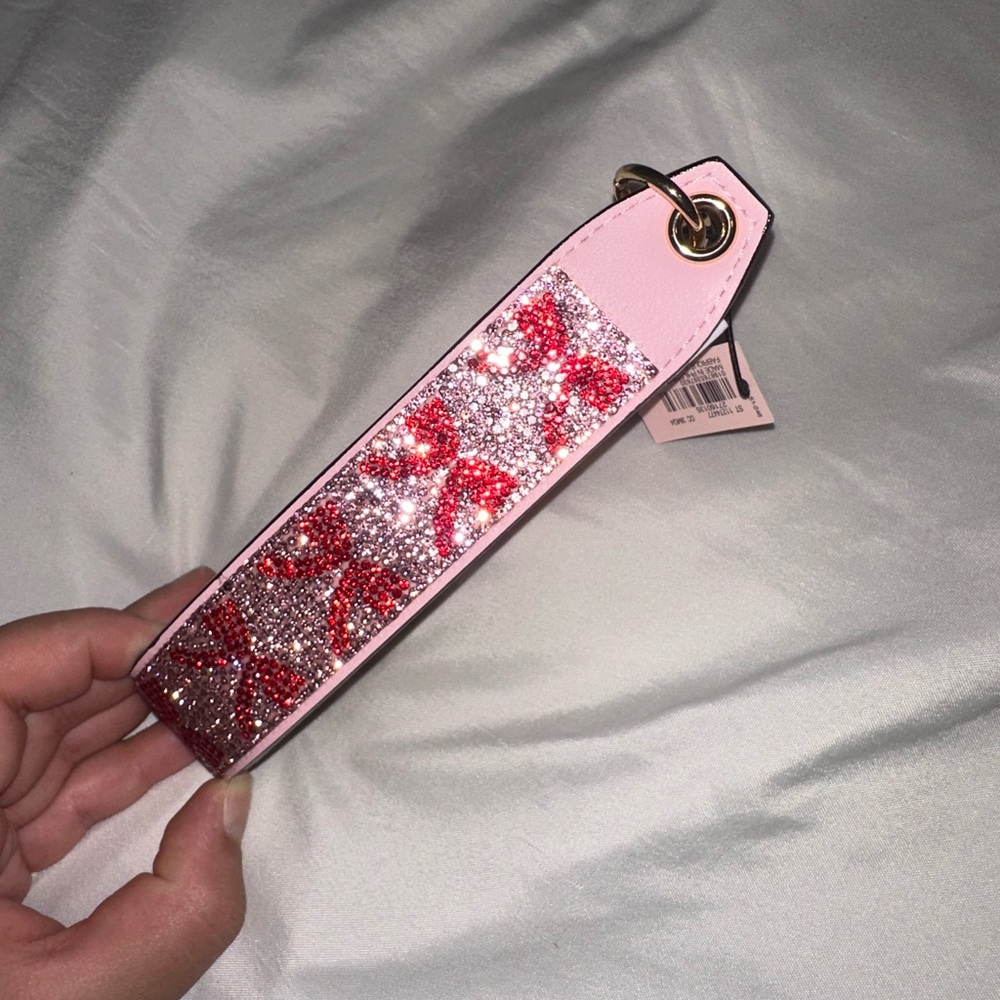 Pink and Red ribbon 🎀 bow Embellished Keychain bedazzled keychain wristlet 💞